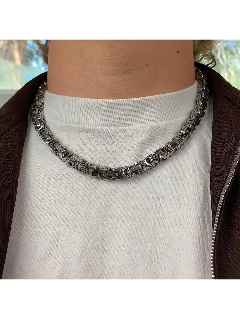 Y2k Cyber Punk style Silver stainless steel interlocked link chain necklace.